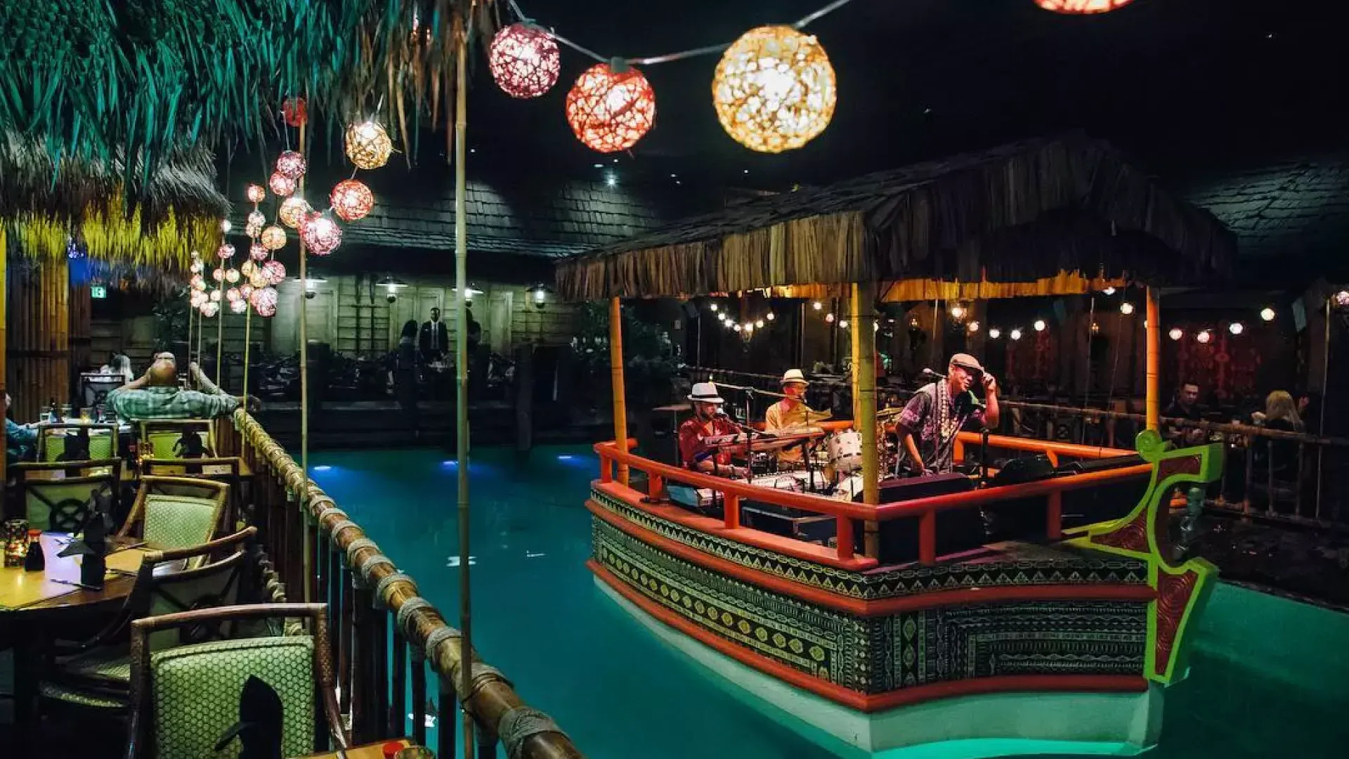 The house band plays in the lagoon of the world-famous Tonga Room at San Francisco's Fairmont Hotel.